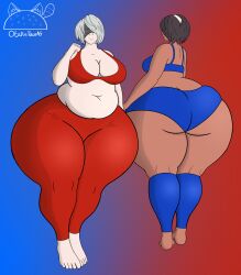 2girls ass bbw belly big_ass big_belly big_breasts blindfold breasts chubby clothed clothing dark-skinned_female dark_skin fat female female_only hairband light-skinned_female light_skin nier nier:_automata otakutacoag overweight short_hair standing thick thick_thighs white_hair yorha_2b yorha_2p