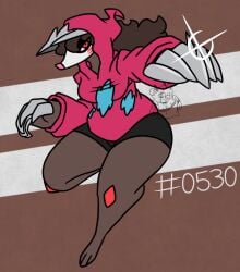 2023 artist_logo artist_name brown_hair excadrill game_freak hoodie long_brown_hair long_hair medium_breasts nerdyreindeer number pokémon_(species) pokemon red_eyes shorts thick_thighs