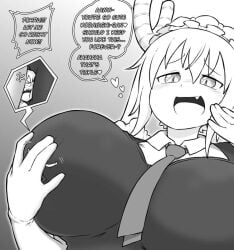 2girls black_and_white female_only giantess gtstamago huge_breasts kobayashi kobayashi-san_chi_no_maidragon larger_female maid_uniform miss_kobayashi's_dragon_maid size_difference smaller_female smug teasing tohru_(dragon_maid) yuri