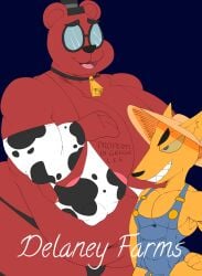 angus_delaney bear big_breasts canon_couple cowbell cowprint fox gay glasses gregg_(nitw) hoovedleader huge_breasts male_only night_in_the_woods nipples_peek nipples_visible_through_clothing top_hat writing_on_body