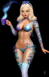 1girls alice_in_wonderland alice_liddell bikini blonde_hair coffee_mug curvaceous curvy_body curvy_female curvy_figure female_focus female_only hi_res legwear long_hair looking_at_viewer nathan_szerdy navel_piercing solo_focus tattoo_on_arm underwear voluptuous voluptuous_female