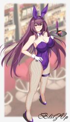 1girls big_breasts blitzvp blush breasts bunnysuit cleavage detached_collar dildo fate/grand_order fate_(series) fishnets full_body hand_on_hip high_heels large_breasts leotard long_hair looking_at_viewer scathach_(fate) scathach_(piercing_bunny) sex_toy solo standing tray