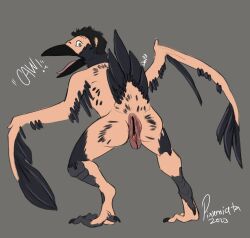 absurd_res animal_genitalia anthro ass avian bird body_horror cloaca color corvid corvus_(genus) crow english_text feather_growth feathers genitals growth hi_res human_to_feral looking_at_viewer looking_back male male_only mid_transformation nude open_mouth oscine passerine penis_shrinking pixiemiata_(artist) presenting presenting_hindquarters raised_tail shocked shocked_expression solo species_transformation tail text transformation