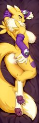 2021 anthro anus areola ass bandai_namco big_breasts biped black_sclera blue_eyes breasts canid canine claws countershade_fur countershading dakimakura_design digimon digimon_(species) dipstick_tail female fingers fur genitals krokobyaka looking_at_viewer looking_back looking_back_at_viewer mammal markings nipples pawpads pink_areola pink_nipples pussy renamon smile smiling_at_viewer solo tail tail_markings yellow_body yellow_fur