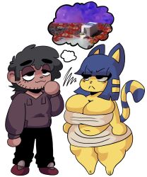 1boy 1girls angry animal_crossing animal_ears ankha anthro big_breasts blue_hair breasts cat_humanoid curvaceous curvy curvy_female dork_boi dorky_(lewd_dorky) lewd_dorky milk navel nintendo overweight_female real_photo spilled_milk tail thick_thighs thinking wide_hips yellow_skin