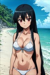 1girls ai_generated akame_(akame_ga_kill!) akame_ga_kill! alluring beach big_breasts bikini black_hair cleavage lovehuwu ocean pointy_chin red_eyes