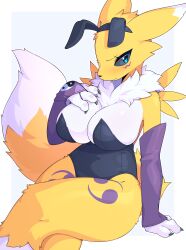 1girls 4_fingers aqua_eyes armwear big_breasts black_sclera blush bunny_ears bunnysuit crossed_legs devil-vox digimon digimon_(species) female female_only furry_tail looking_at_viewer renamon sitting solo tail thick_thighs very_high_resolution white_background