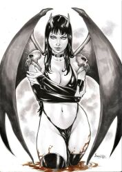 1girls batwings curvy_body curvy_female curvy_figure demon demon_girl dynamite_comics ed_benes_studio female_focus female_only hi_res high_resolution huge_breasts leandro_oliveira legwear long_hair looking_at_viewer purgatori sakkara_(character) seductive_look solo_female solo_focus underwear