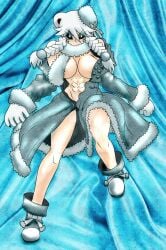 1girls bear_ears bear_girl black_sclera braids breasts deviantart_username female female_only funamusea fur fur_coat hair hat huge_breasts ice_scream muscles muscular_female rocma six_pack solo solo_female thedarkbreaker watermark white_eyes white_hair