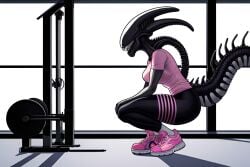 1girls 2020s 2023 ai_generated alien alien_(franchise) alien_girl crouching female female_only female_xenomorph frosting.ai gym gym_clothes monster_girl scalieton self_upload tight_clothing xenomorph