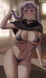 1girls big_breasts bikini black_bulls_uniform black_clover black_thong blush bra breasts curvy female hips huge_breasts long_hair micro_bikini noelle_silva oroborusart panties purple_eyes savagexthicc silver_hair thick_thighs thighs thong twintails white_hair wide_hips