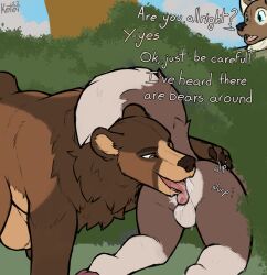 ambiguous_gender anal anthro anthro_on_bottom anthro_on_feral anthro_on_male anus_lick asking asking_another asking_for_status ass backsack balls bear big_balls bodily_fluids brown_bear canid canine canis claws dialogue feral feral_on_top fluffy genitals grizzly_bear group hair hi_res ketei kuruk_(character) male male/male mammal mane mane_hair on_four onomatopoeia oral outside paw_on_butt pawpads paws plant question rear_view rimming saliva sex shrub slurping sound_effects species_in_dialogue stealth_sex stuttering tail tail_on_head talking_to_another text tongue tongue_out tree trio ursine zoophilia