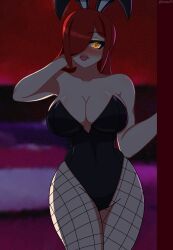 1girls 2022 big_breasts blush bunny_ears bunnysuit doorway female female_only fishnet_pantyhose fishnets glowing_eyes hair_over_one_eye hi_res leaning_on_doorway long_hair looking_at_viewer orange_eyes parasoul red_hair skullgirls solo verbus voluptuous