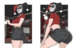 1girls 2d ass batman:_the_animated_series batman_(series) big_ass blender_(software) booty_shorts bubble_ass bubble_butt dc dc_comics dialogue female female_only fully_clothed harley_quinn harley_quinn_(classic) heart henchmen jean_shorts kissy_face large_ass large_breasts looking_back offscreen_character pawg showing_off showing_off_ass smitty34 solo supervillainess text theweirdibi thick_thighs twerking underling villainess