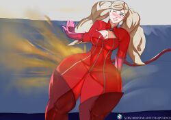 1girls ann_takamaki ass atlus blonde_female catsuit costume dumptruck_ass fart fart_fetish farting fat_ass female gloves human hyper hyper_thighs leather light-skinned_female mask pale-skinned_female persona persona_5 pink_gloves raspulence red_clothing solo tail thick_thighs twintails yellow_hair