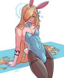 1boy 1femboy asuna_(blue_archive) asuna_(bunny)_(blue_archive) asuna_(bunny_girl)_(blue_archive) beauty_mark blonde_hair blue_archive blue_eyes bulge bulge_through_clothing bunny_ears bunny_ears_(cosmetic) bunny_tail bunnysuit crossdressing detached_collar femboy feminine_male genderswap genderswap_(ftm) girly gloves hair_over_one_eye heart hi_res leaning_back loggus_doggus long_hair looking_at_viewer male male_only mole_on_breast neck_ribbon pantyhose penis_bulge rule_63 smiling smiling_at_viewer solo teeth_showing trap white_background