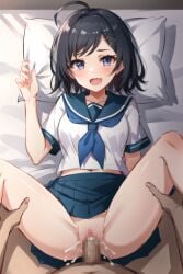 1boy 1girls ai_generated black_hair blue_eyes clothed_female_nude_male clothed_sex cum cum_in_pussy cum_inside female hikigaya_komachi human male missionary_position my_teen_romantic_comedy_snafu no_panties school_uniform sex