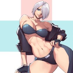 1girls abs angel_(kof) backless_pants big_breasts blue_eyes bra breasts busty chaps confident cropped_jacket female female_only fingerless_gloves gloves hair_over_one_eye hand_on_hip highres jacket king_of_fighters king_of_fighters_xiv large_breasts leather leather_jacket looking_at_viewer midriff muscle_mommy navel ogami panties pants pose posing sensual short_hair smile snk solo strapless strapless_bra toned underwear voluptuous white_hair