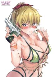 bikini blonde_hair breasts bullets busty cleavage color cow_tag curvy green_eyes gun heart-shaped_pupils honey_trap_shared_house huge_breasts koichi_kozuki maria_rockwell mature_female medium_hair official_art ponytail pulling_clothing sample thick_eyebrows wide_hips