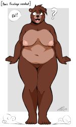 2023 5_fingers 5_toes absurd_res anthro areola bear big_breasts bodily_fluids breasts brown_body brown_fur english_text eyebrows feet female fiercedeitylynx fingers full-length_portrait fur genitals hi_res huge_breasts looking_at_viewer mammal marlon_(fiercedeitylynx) mtf_crossgender navel nipples nude open_mouth overweight overweight_anthro overweight_female pink_areola pink_nipples portrait pussy question_mark rule_63 signature solo standing surprise sweat text toes