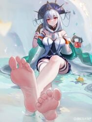 1girls arknights artist_name blush bm364364 clothed crossed_legs drink feet female female_focus female_only foot_fetish foot_focus glass headpiece legs_crossed long_hair red_eyes ripples sitting skadi_(arknights) soles tiara toes water white_hair