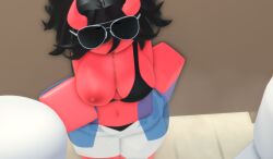 1girls 3d akrscoi bikini black_hair breast_hold breasts breasts_out demon_girl demon_horns nipples oerba_yun_fang pov roblox robloxian sunglasses_on_head tagme