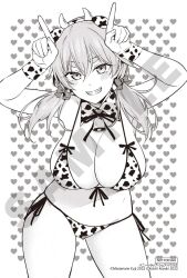 1girls bikini blonde_hair breasts cow_horns cow_print curvy green_eyes honey_trap_shared_house huge_breasts koichi_kozuki maria_rockwell medium_hair monochrome official_art sample scar smile twintails voluptuous