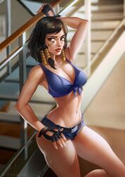 arm_up black_hair blue_bra bra denim evasolo female fingerless_gloves looking_at_viewer overwatch pharah staircase stairs tagme tattoo