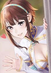 brown_eyes brown_hair chai_xianghua chinese_clothes cleavage cleavage_window happy heart hearts_around_head looking_at_viewer medium_breasts peeking_out peeping short_hair smile smiling_at_viewer soul_calibur soul_calibur_vi teeth waving waving_at_viewer xianghua_favor