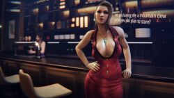 1futa 3d areola_slip big_areola big_breasts blonde_hair breasts brown_hair cerbskies cleavage cleavage_cutout clothed earrings final_fantasy final_fantasy_vii final_fantasy_vii_remake futanari large_breasts looking_at_viewer necklace penis_under_clothes penis_under_skirt red_dress scarlet_(ffvii) text tifa_lockhart