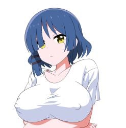 1girls bangs blue_hair bocchi_the_rock! breasts covered_nipples female female_only huge_breasts looking_at_viewer mole mole_under_eye nipples shirt short_hair solo solo_female white_shirt yamada_ryou yellow_eyes