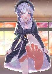 absurdres barefoot beret blue_eyes blush feet female foot_fetish giantess hat heart heart-shaped_pupils highres indie_virtual_youtuber kanzarin_(vtuber) long_hair looking_at_viewer open_mouth soles stepped_on sunset symbol-shaped_pupils toes virtual_youtuber