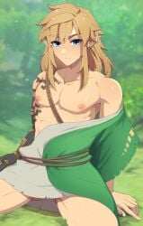 1boy 2023 abs alternate_version_available blonde_hair blue_eyes earring elf_ears hi_res highres justsyl link link_(tears_of_the_kingdom) looking_at_viewer male_only nintendo nipples prosthetic robotic_arm sitting tears_of_the_kingdom the_legend_of_zelda thick_thighs