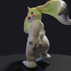 3d_(artwork) anthro anus apluss ass balls bandai_namco beady_eyes big_butt digimon digimon_(species) digital_media_(artwork) fur gargomon genitals hi_res horn long_ears male male_only overweight presenting presenting_anus solo white_body white_fur