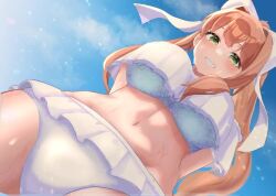 1girls 2d animated beach big_breasts bikini bra breasts brown_hair doki_doki_literature_club female female_only green_hair hair_ribbon light-skinned_female light_skin long_hair looking_at_viewer monika_(doki_doki_literature_club) no_sound panties partially_clothed sky smile solo solo_female video waffler_kekw white_ribbon wink