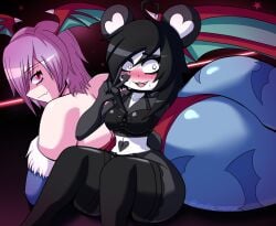 2girls big_ass big_butt blush clothing darkstalkers female female_only head_wings heart huge_ass indievamp ken_ashcorp kenny_(kenashcorp) lilith_aensland lingerie panda panda_ears skin_fang small_breasts stockings succubus succubus_costume succubus_wings