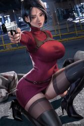 ada_wong asian asian_female biohazard black_hair boots capcom gun harness high_heels on_knees pantyshot pantyshot_(kneeling) pointing_gun_at_viewer resident_evil resident_evil_4 resident_evil_4_remake short_hair stockings sweater sweater_dress thigh_boots thighhigh_boots turtleneck turtleneck_sweater zumi