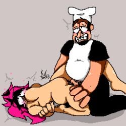 big_ass big_breasts chubby_female chubby_male exaggerated_anatomy female fully_clothed_male male naked_female penis peppino_spaghetti persona(tenshipichi) pink_hair pixel_art pizza_tower pubic_hair self_insert tenshipichi