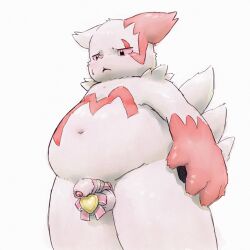 anthro apluss balls belly blush flaccid fur generation_3_pokemon genitals gift_wrapped hi_res male male_only navel nintendo overweight penis pokemon pokemon_(species) ribbons solo white_body white_fur zangoose