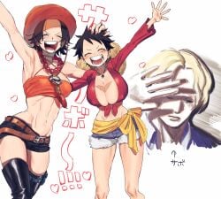 bandeau bead_necklace big_breasts black_hair black_legwear black_thighhighs blush cleavage closed_eyes cowboy_hat denim_shorts facial_scar female female_focus genderswap_(mtf) hat luffyko male momimimiya monkey_d_luffy necklace nipple_bulge one_piece portgas_d_ace portgas_d_ann rule_63 sabo_(one_piece) scar short_hair short_shorts shorts smile straw_hat thigh_boots thighhighs tied_shirt very_short_hair wide_hips