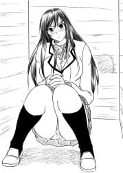 1girls black_socks bow kotegawa_yui large_breasts long_hair monochrome nozarashi_satoru panties pussy_juice school_uniform solo squatting to_love-ru