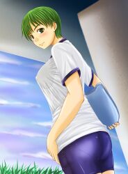 1girls blue_shorts blush erect_nipples erect_nipples_under_clothes female female_only grass green_eyes green_hair kiyokawa_nozomi large_breasts nozarashi_satoru see-through short_hair shorts smile solo tokimeki_memorial tokimeki_memorial_1 white_shirt