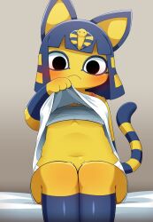 :< animal_crossing ankha bandage black_eyes blue_hair blush breasts cat_ears cute feline female female_only furry furry_only looking_at_viewer navel presenting presenting_body small_breasts sum tail yellow_body yellow_fur