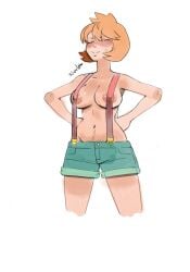 1girls aged_up areola areola_slip areolae arms_on_waist clothed clothed_female female female_only functionally_nude ineffective_clothing jean_shorts kasumi_(pokemon) light-skinned_female light_skin medium_breasts nipples_visible_through_clothing overalls pokemon pokemon_gsc pokemon_rgby purple_hair scharlottelambo shorts slutty_outfit solo white_background