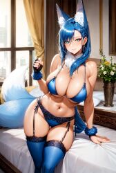 1girls 2023 ai_generated animal_ear_fluff animal_ears anime_nose bare_midriff big_breasts blue_eyes blue_fur blue_gloves blue_hair blue_lingerie blush choker cleavage e ear_tuft earrings female female_focus female_only fingerless_gloves fox_ears fox_girl fox_tail fur_trim garter_belt garter_belt_leggings garter_straps hourglass_figure huge_breasts large_breasts legwear lingerie long_hair looking_at_viewer mature_female medium_hair milf navel necklace sole_female solo_female solo_focus stable_diffusion stockings thighhighs underwear voluptuous voluptuous_female