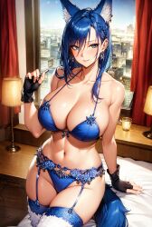 1girls 2023 ai_generated animal_ear_fluff animal_ears bare_midriff big_breasts blue_eyes blue_fur blue_gloves blue_hair blue_lingerie blush choker cleavage e ear_tuft earrings female female_focus female_only fingerless_gloves fox fox_ears fox_girl fox_tail fur_trim garter_belt garter_belt_leggings garter_straps hi_res hourglass_figure huge_breasts large_breasts legwear lingerie long_hair looking_at_viewer mature_female medium_hair milf navel necklace sole_female solo_female solo_focus stable_diffusion stockings thighhighs underwear