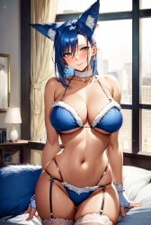 1girls 2023 ai_generated ai_hands animal_ear_fluff animal_ears bare_midriff big_breasts blue_eyes blue_gloves blue_hair blue_lingerie blush choker cleavage ear_tuft earrings female female_focus female_only fingerless_gloves fox fox_ears fox_girl fox_tail fur_trim garter_belt garter_belt_leggings garter_straps hourglass_figure large_breasts legwear lingerie long_hair looking_at_viewer mature_female medium_hair milf navel necklace sole_female solo_female solo_focus stable_diffusion stockings thighhighs underwear