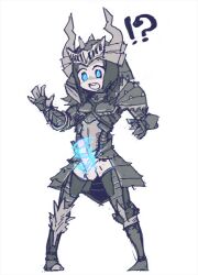 !? 1boy armor blue_eyes erection glowing_eyes helmet male_only monster_hunter_portable_3rd open_mouth penis simple_background solo toony upper_teeth white_background young ysd2236 zinogre_(armor)