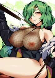 1girls alternate_costume bare_shoulders breasts caleana closed_mouth commentary commission english_commentary female fishnet_top fishnets green_hair hair_over_one_eye highres kazami_yuuka large_breasts looking_at_viewer nipples nipples_visible_through_clothing red_eyes short_hair smile solo thighs touhou yuka_kazami yuuka_kazami