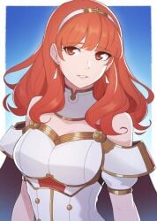 1girls armor bangs big_breasts breasts celica_(fire_emblem) earrings edmonmondo female fire_emblem fire_emblem_echoes:_shadows_of_valentia hairband long_hair nintendo red_eyes red_hair shoulders